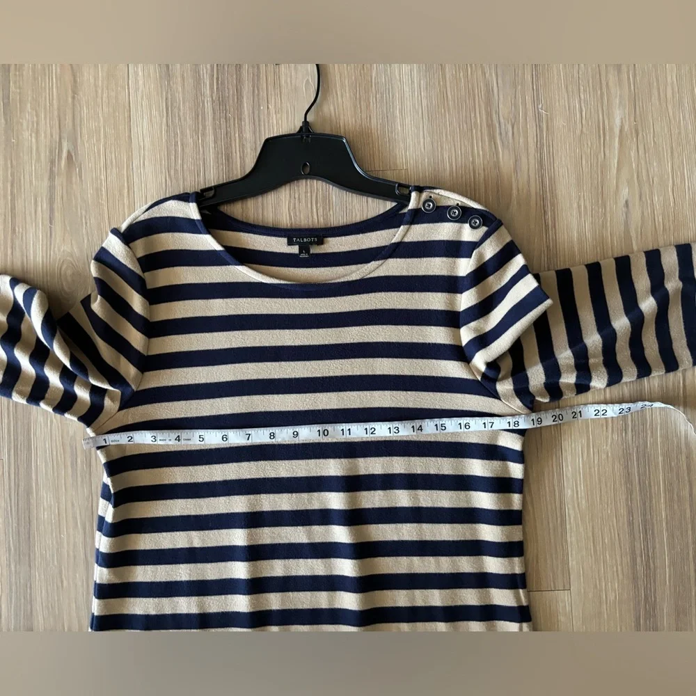 Talbots Dress Navy Tan Stripe Long Sleeve Cotton Knee Women’s L Preppy Nautical
